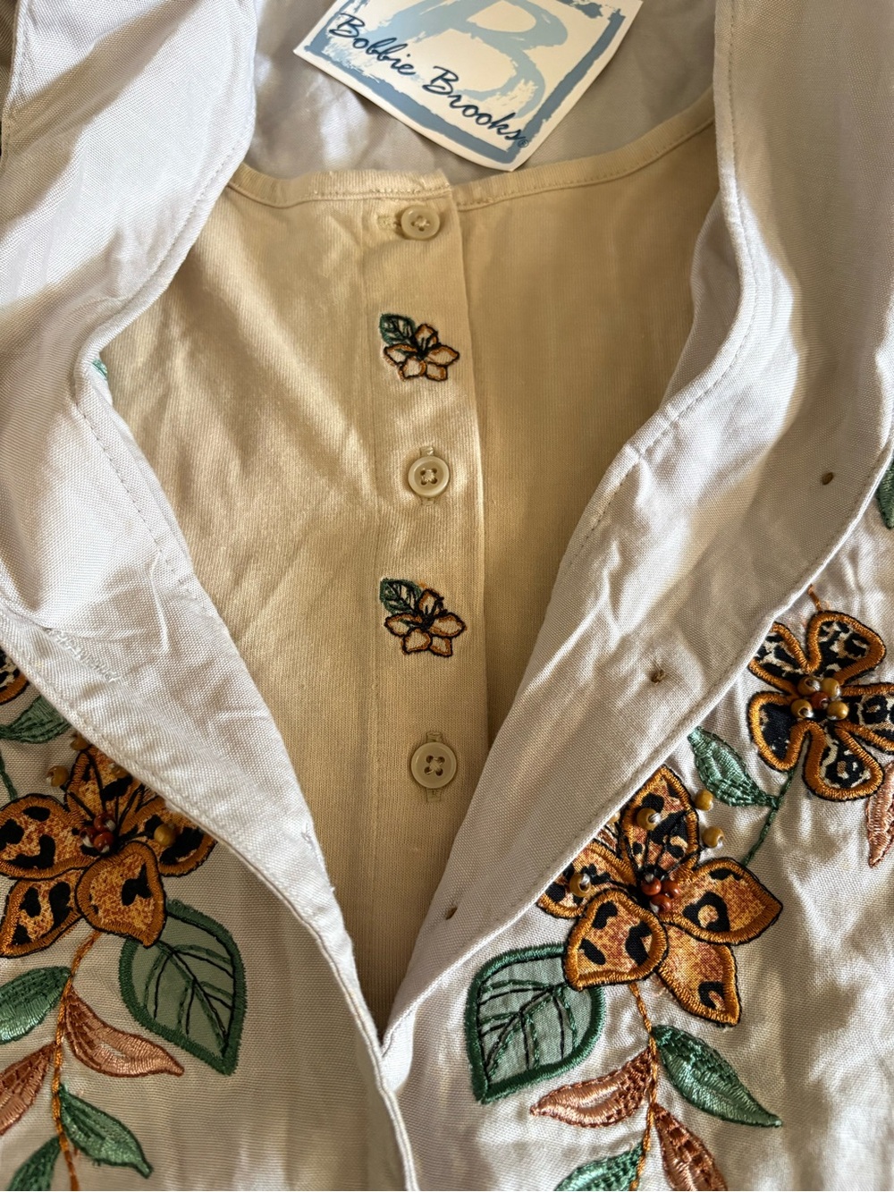 Vintage Floral 90s Boho Embroidered Cotton mock-layer shirt Bobbie Brooks Large - Picture 6 of 8